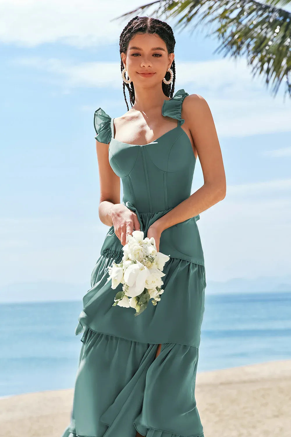 Elegant A-Line Spaghetti Straps Tiered Ruffle Corset Chiffon Sage Prom Dress With Slit