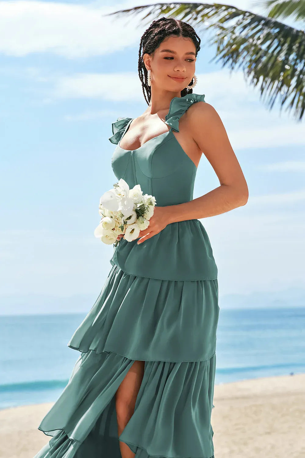 Elegant A-Line Spaghetti Straps Tiered Ruffle Corset Chiffon Sage Prom Dress With Slit