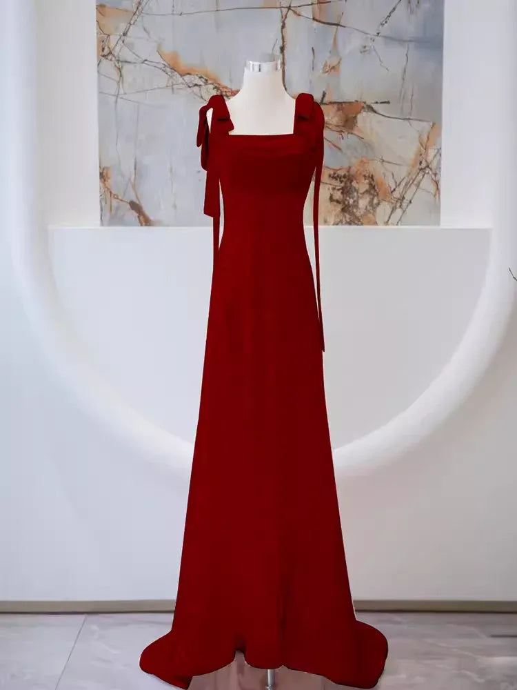 Elegant A-Line Square-Neck Bow-Accent Satin Burgundy Maxi Evening Dress for Women