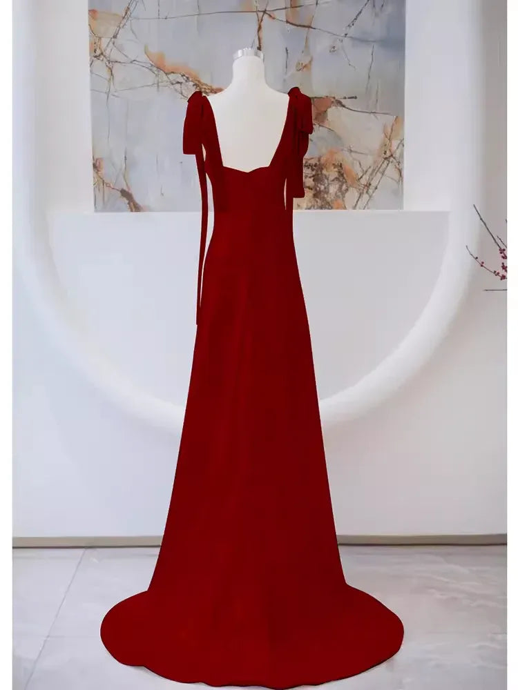 Elegant A-Line Square-Neck Bow-Accent Satin Burgundy Maxi Evening Dress for Women