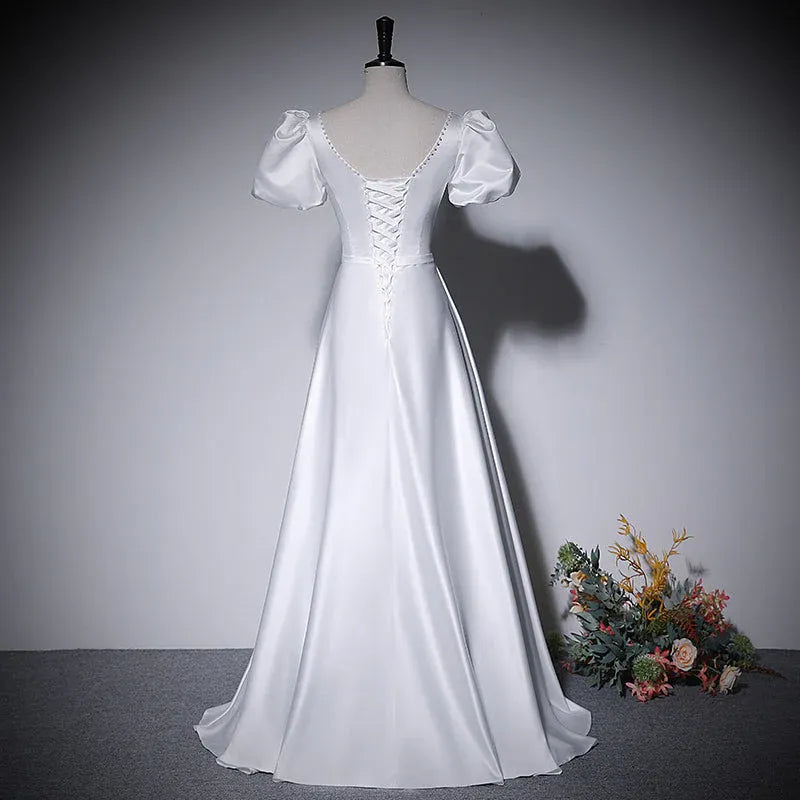 Elegant A-Line Square-Neck Puff-Sleeve Satin White Maxi Evening Dress for Women