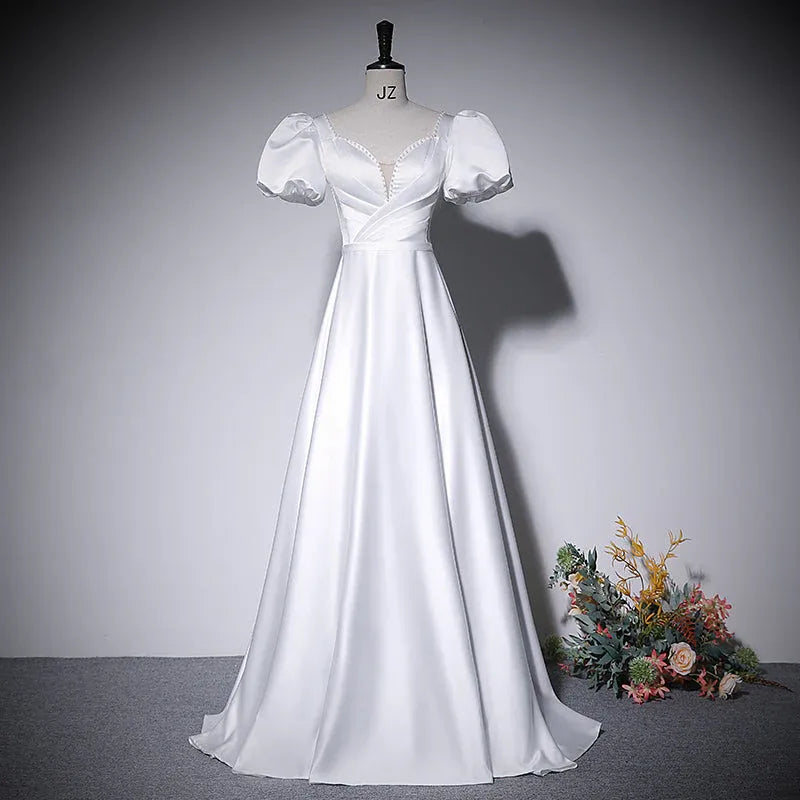 Elegant A-Line Square-Neck Puff-Sleeve Satin White Maxi Evening Dress for Women