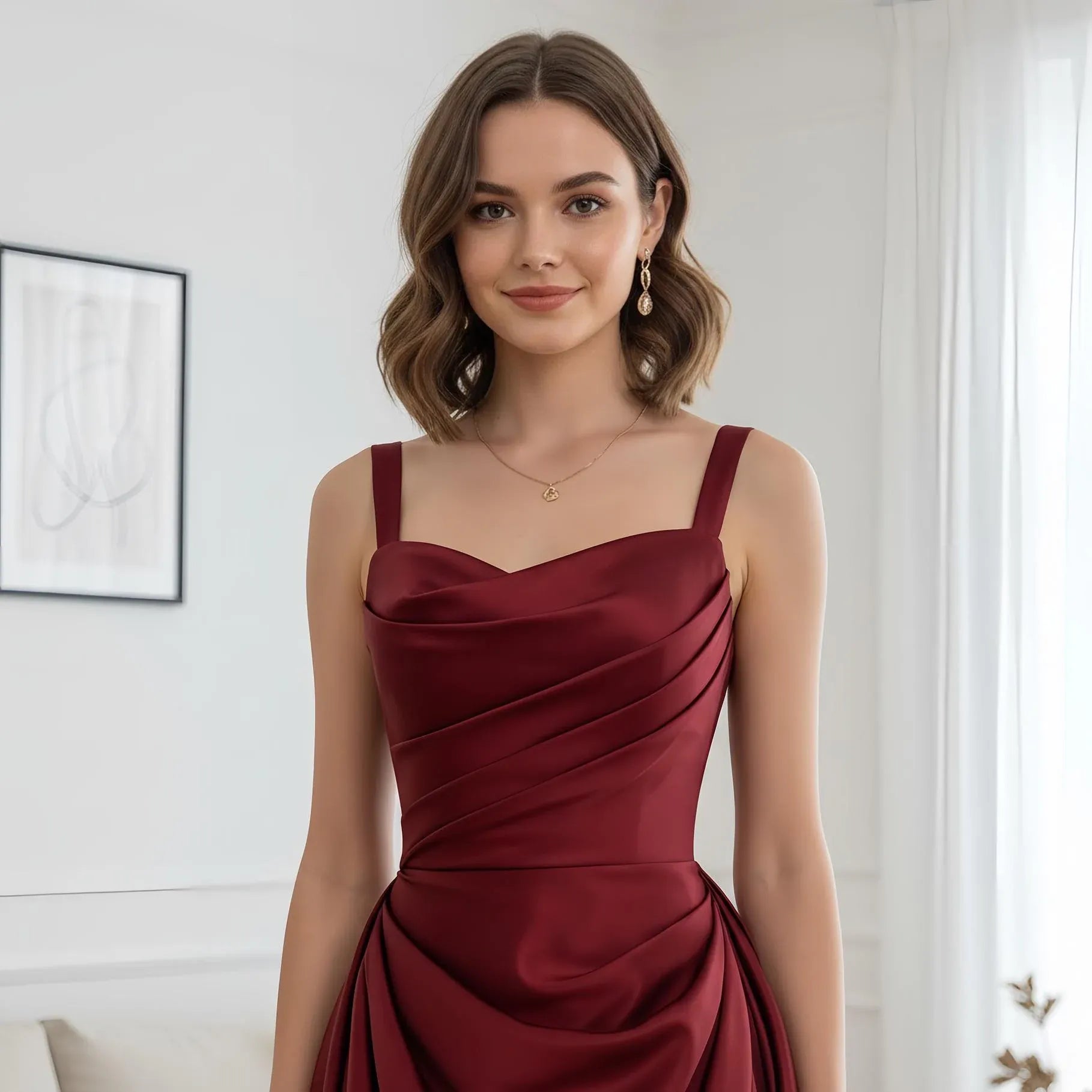 Elegant A-Line Square-Neck Ruched Satin Burgundy Prom Dress With Train