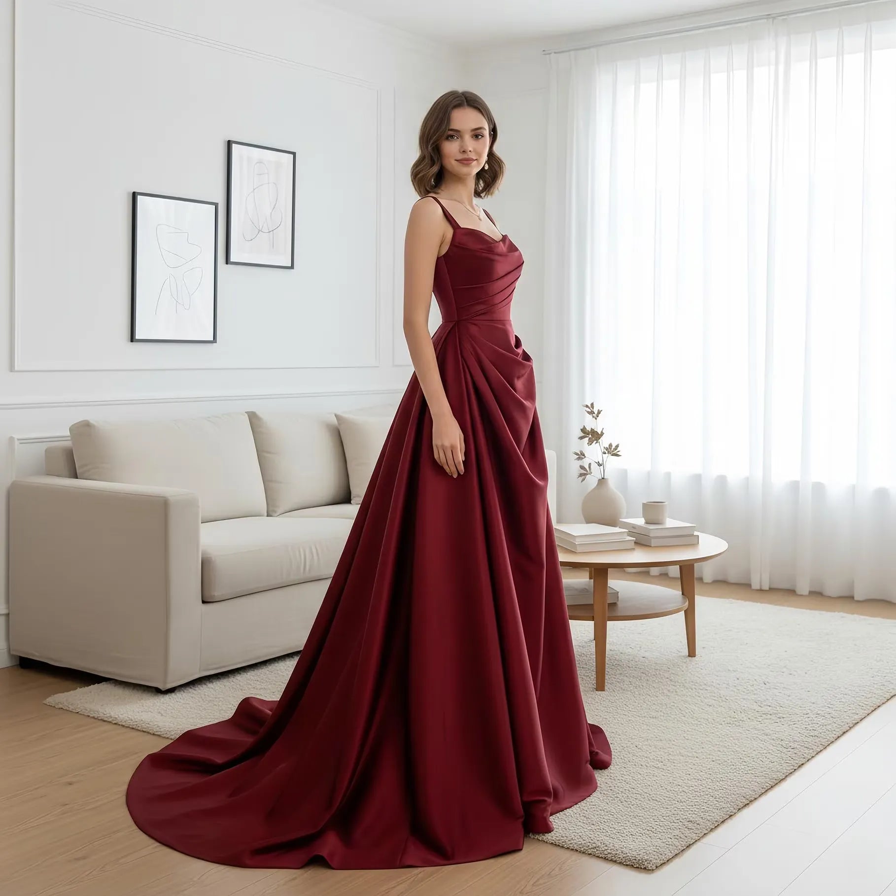 Elegant A-Line Square-Neck Ruched Satin Burgundy Prom Dress With Train