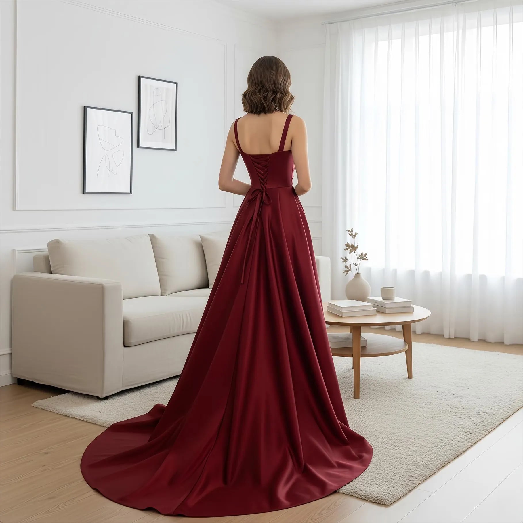 Elegant A-Line Square-Neck Ruched Satin Burgundy Prom Dress With Train