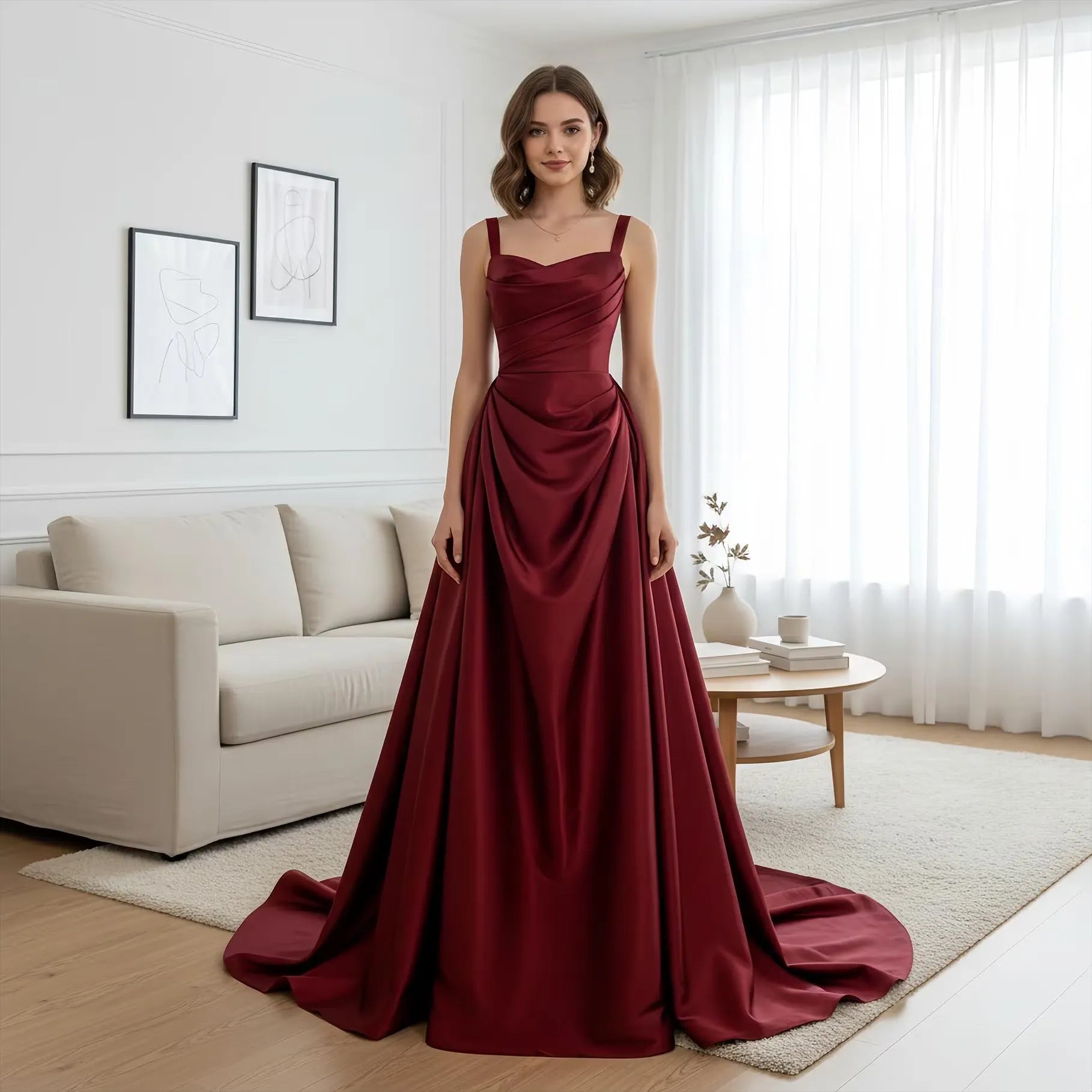 Elegant A-Line Square-Neck Ruched Satin Burgundy Prom Dress With Train