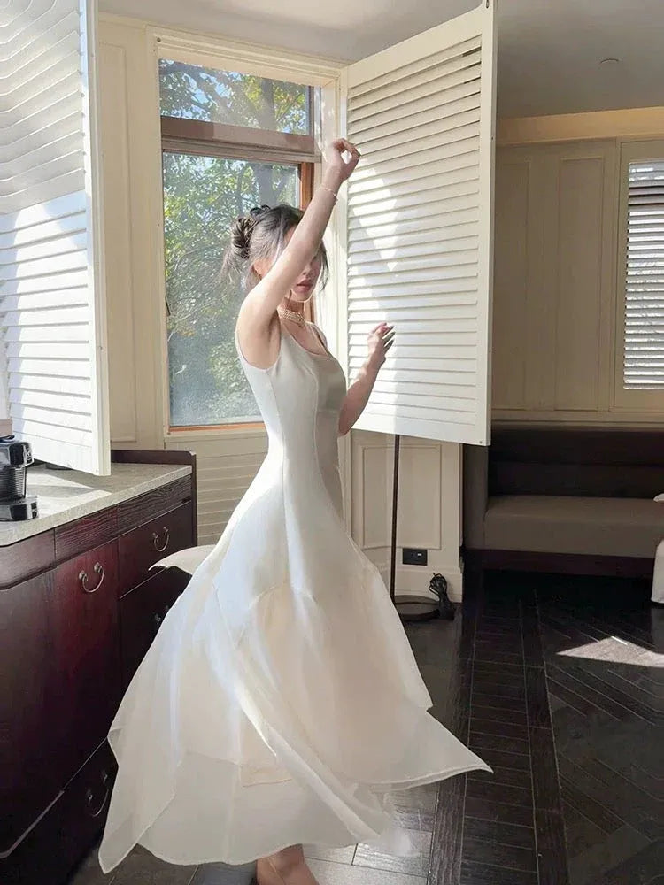 Elegant A-Line Square-Neck Sleeveless Asymmetrical Ivory Midi Prom Dress for Women Ready to Ship