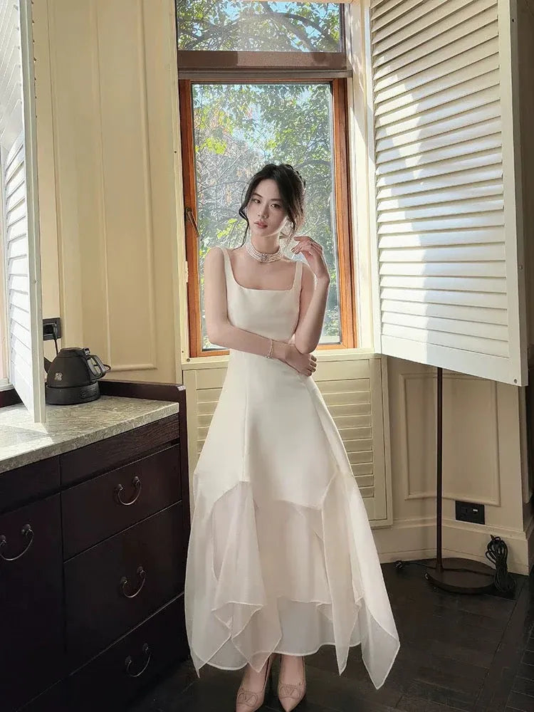 Elegant A-Line Square-Neck Sleeveless Asymmetrical Ivory Midi Prom Dress for Women Ready to Ship