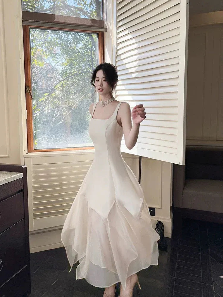 Elegant A-Line Square-Neck Sleeveless Asymmetrical Ivory Midi Prom Dress for Women Ready to Ship