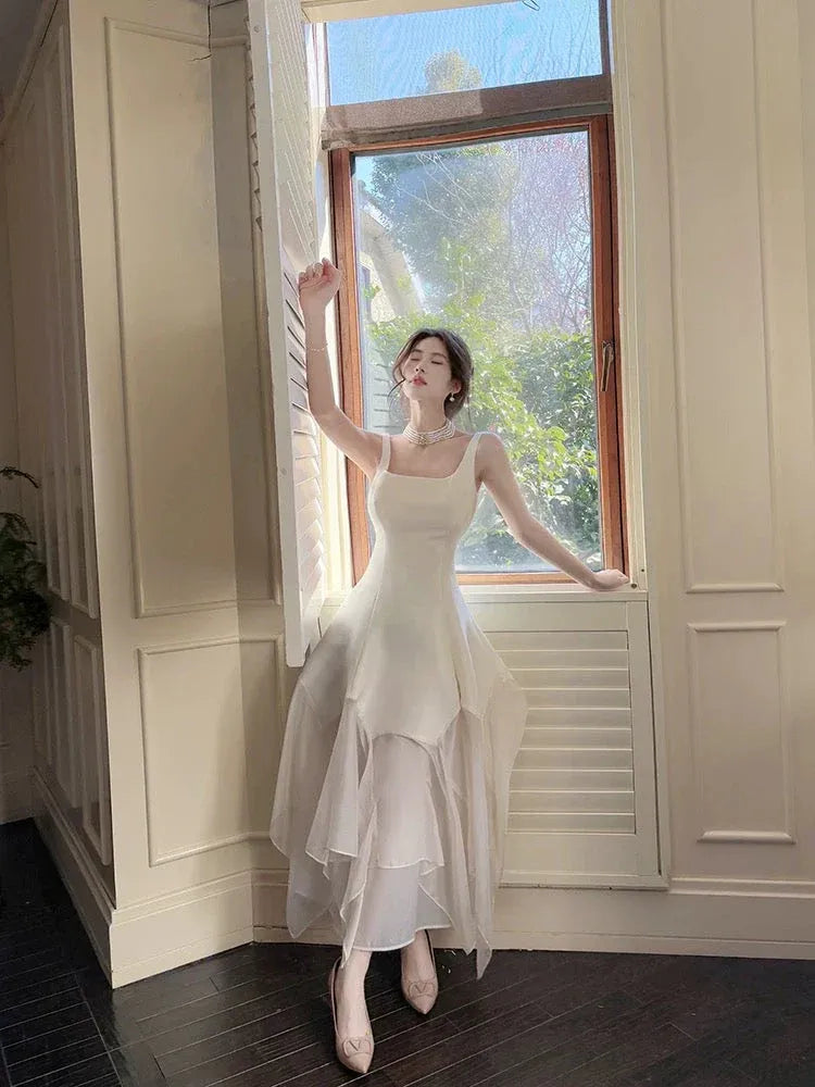 Elegant A-Line Square-Neck Sleeveless Asymmetrical Ivory Midi Prom Dress for Women Ready to Ship