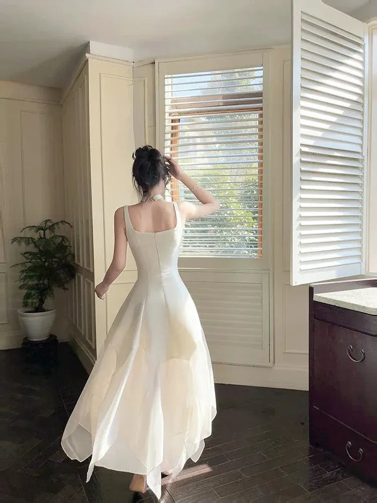 Elegant A-Line Square-Neck Sleeveless Asymmetrical Ivory Midi Prom Dress for Women Ready to Ship