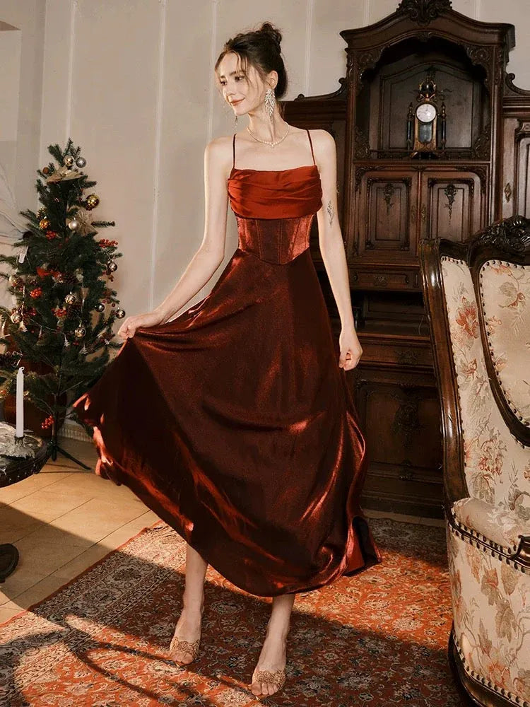 Elegant A-Line Square-Neck Sleeveless Ruched Satin Burgundy Midi-Length Evening Dress for Women