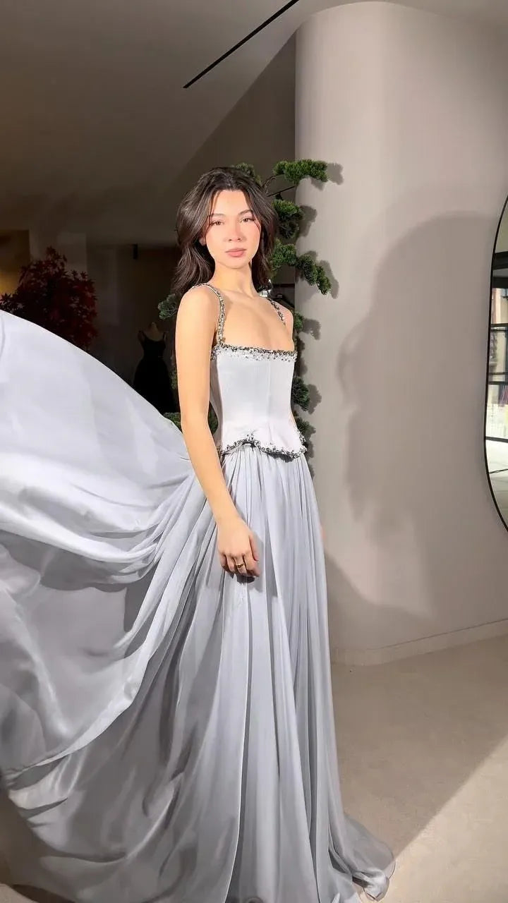 Elegant A-Line Square Neck Beaded Chiffon Peplum Grey Train Prom Dress