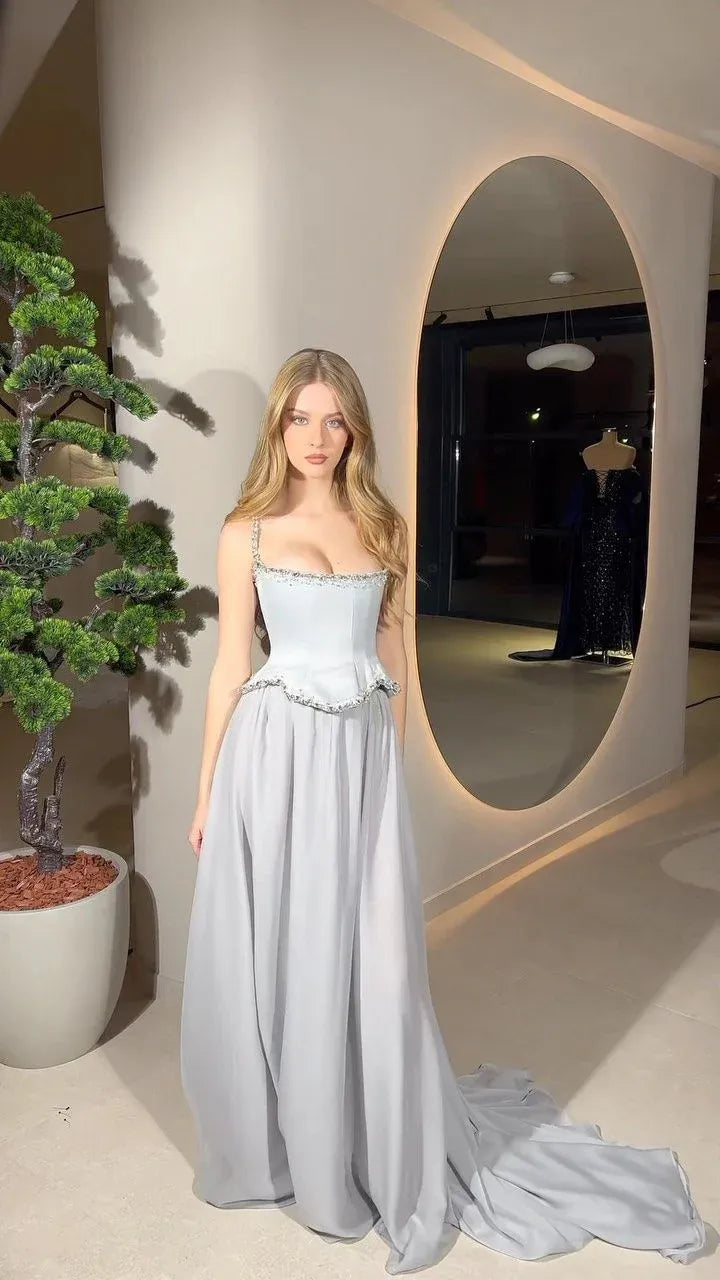 Elegant A-Line Square Neck Beaded Chiffon Peplum Grey Train Prom Dress