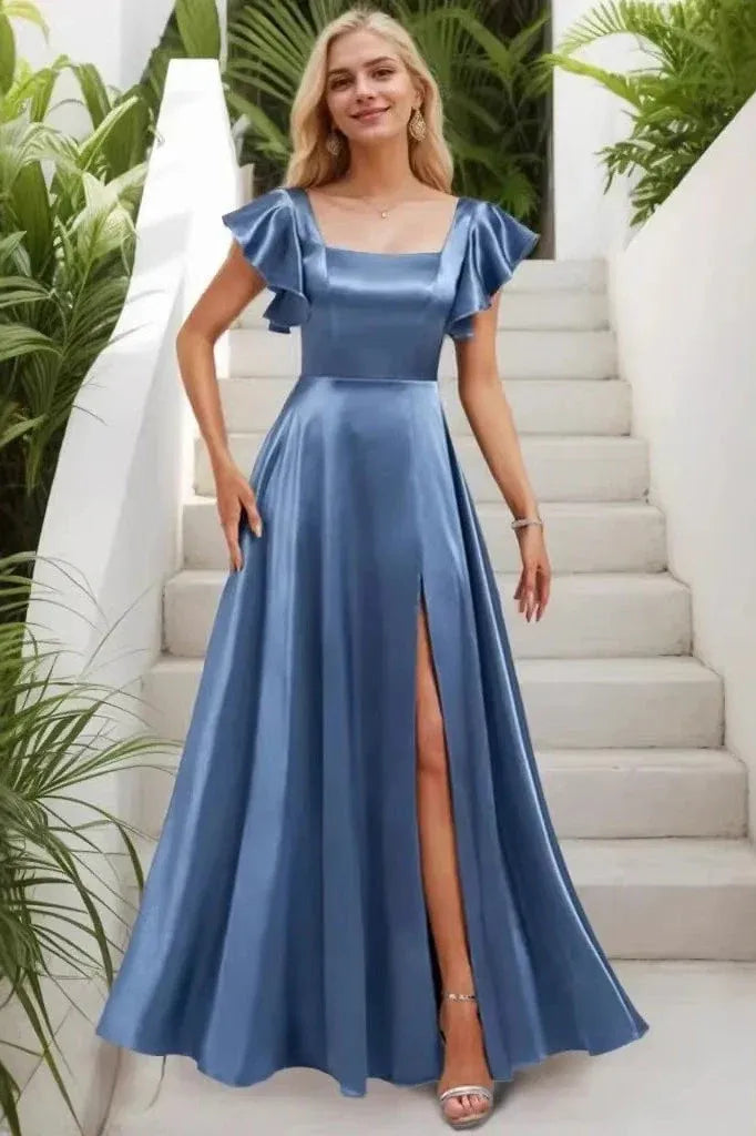 Elegant A-Line Square Neck Flutter Sleeve High Slit Dusty Blue Floor-Length Prom Dress