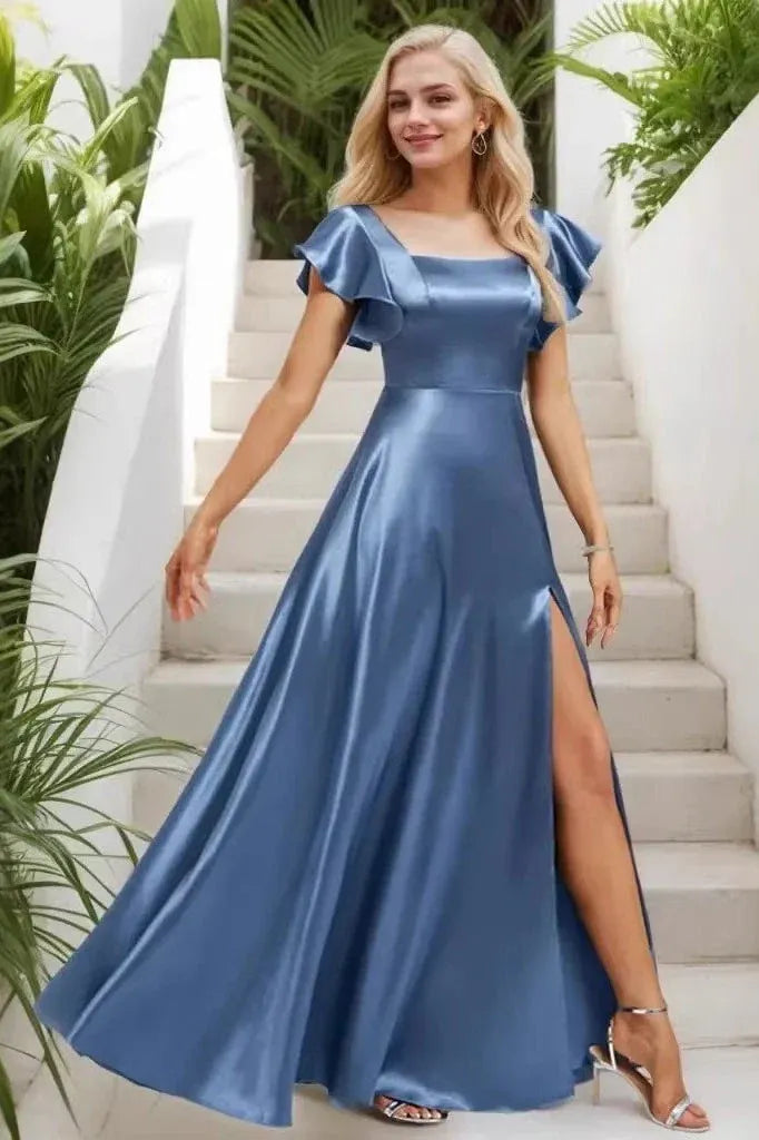 Elegant A-Line Square Neck Flutter Sleeve High Slit Dusty Blue Floor-Length Prom Dress