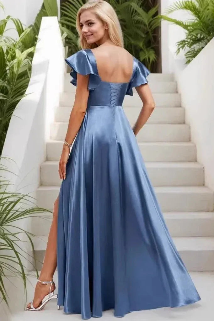 Elegant A-Line Square Neck Flutter Sleeve High Slit Dusty Blue Floor-Length Prom Dress