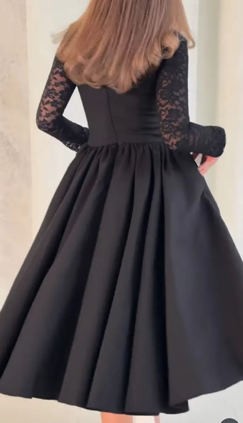 Elegant A-Line Square Neck Lace Tea Length Prom Dress With Pocket Black