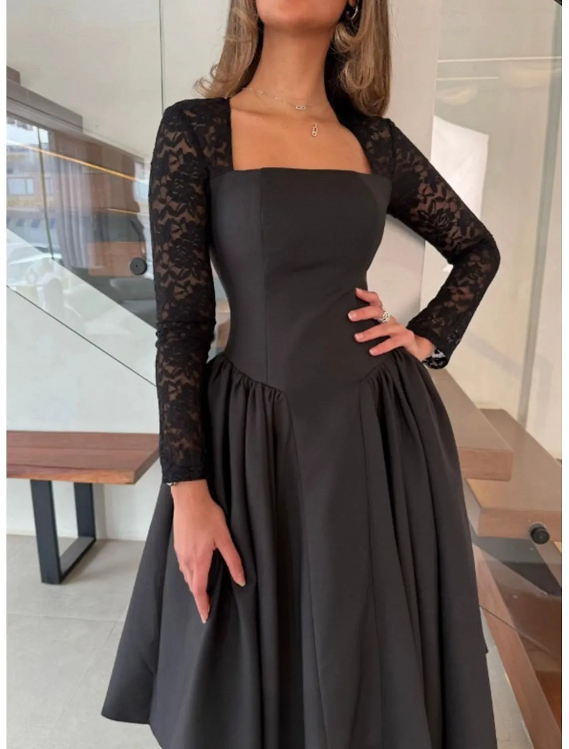 Elegant A-Line Square Neck Lace Tea Length Prom Dress With Pocket Black