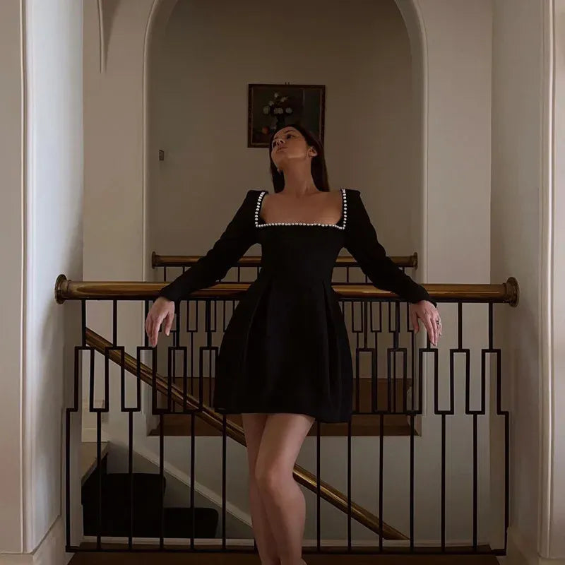 Elegant A-Line Square Neck Long-Sleeve Beaded Black Mini Homecoming Dress