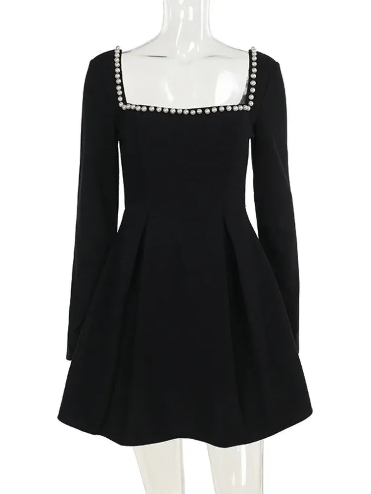 Elegant A-Line Square Neck Long-Sleeve Beaded Black Mini Homecoming Dress