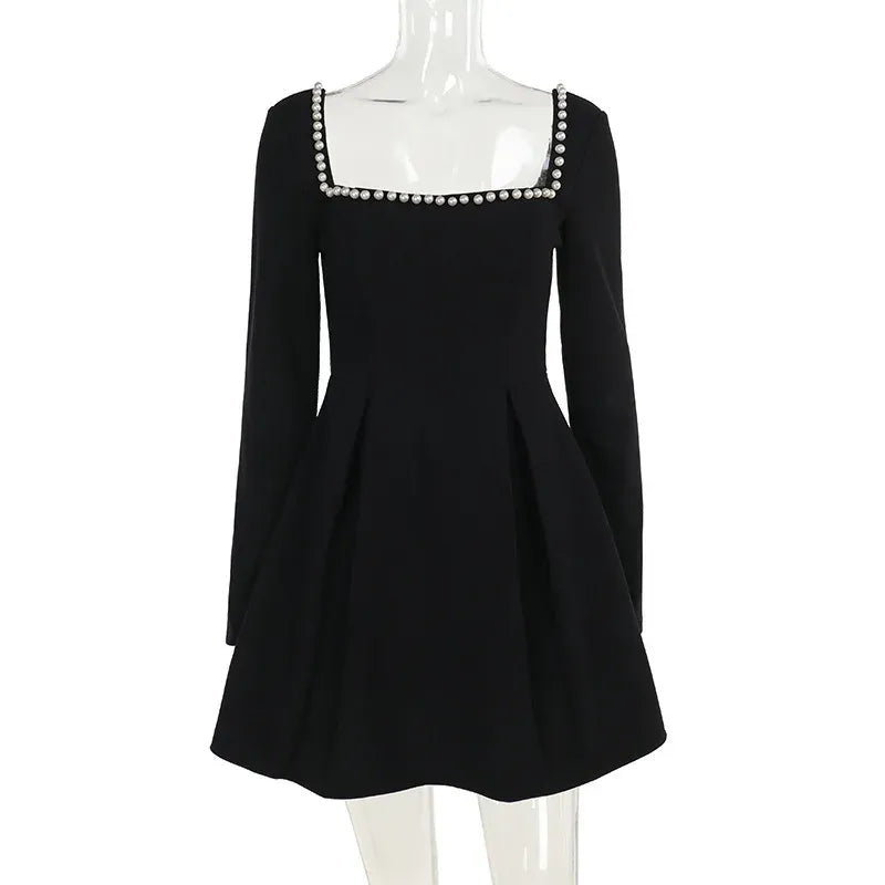 Elegant A-Line Square Neck Long-Sleeve Beaded Black Mini Homecoming Dress