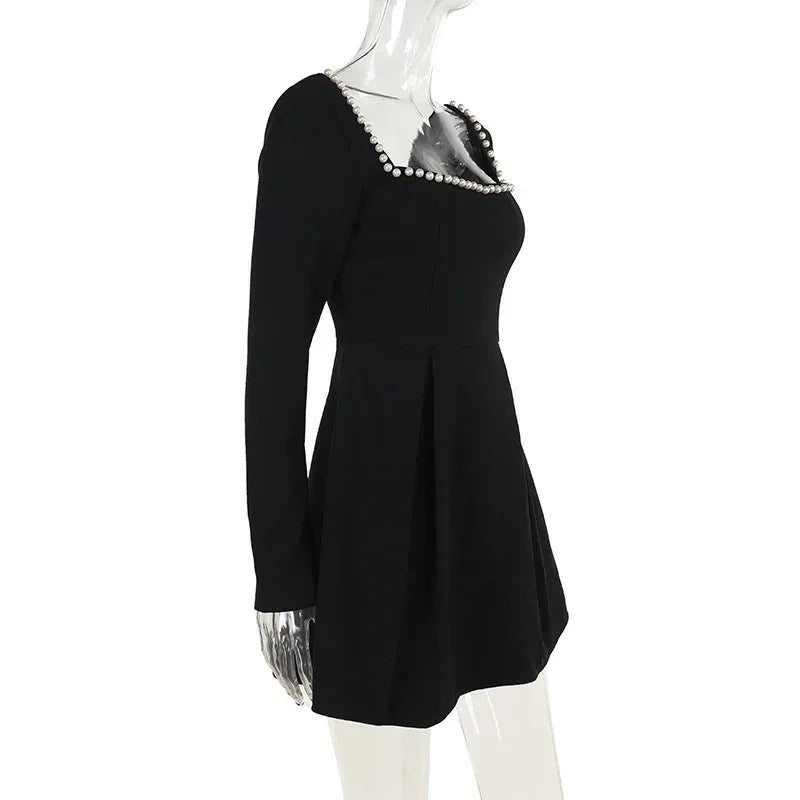 Elegant A-Line Square Neck Long-Sleeve Beaded Black Mini Homecoming Dress