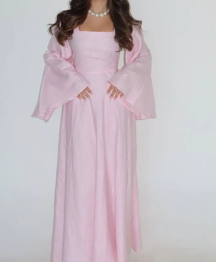 Elegant A-Line Square Neck Long Sleeves Pink Prom Dress Evening Dress