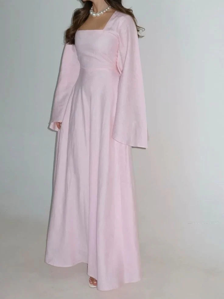 Elegant A-Line Square Neck Long Sleeves Pink Prom Dress Evening Dress