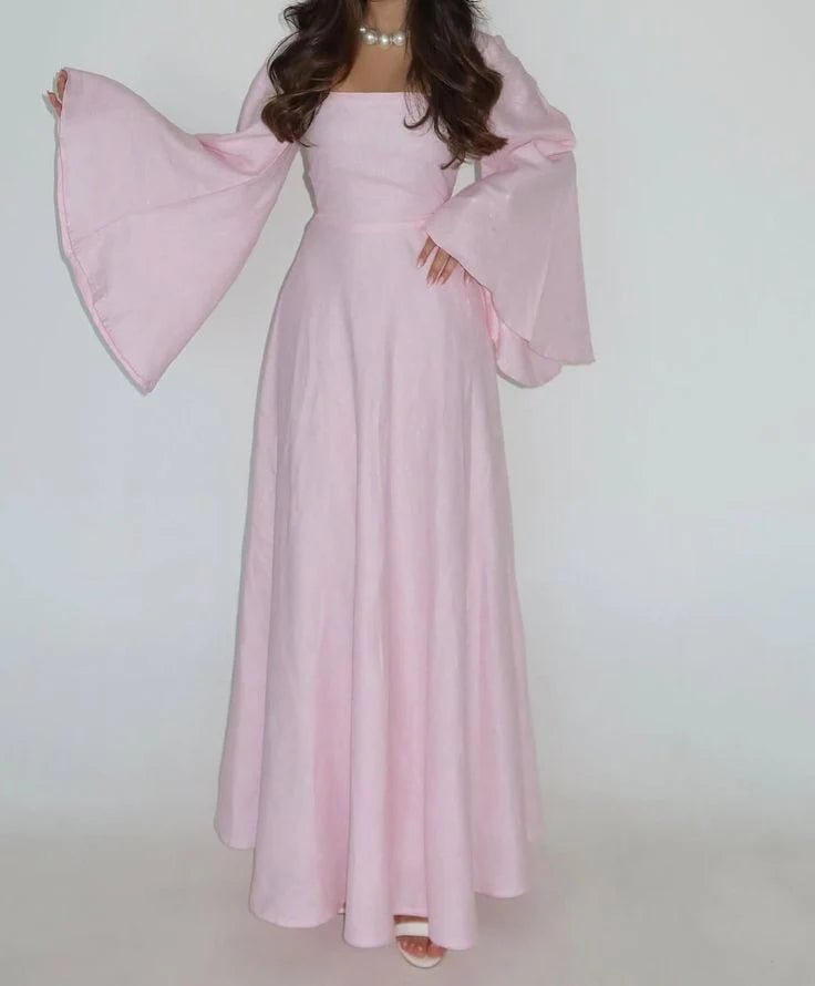 Elegant A-Line Square Neck Long Sleeves Pink Prom Dress Evening Dress