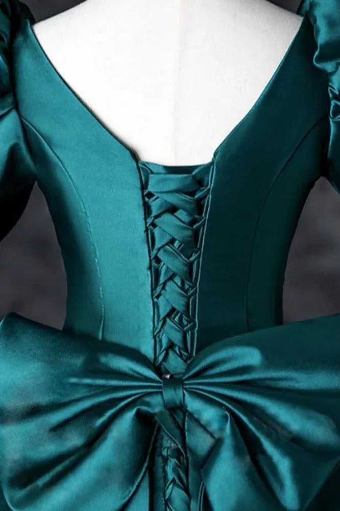 Elegant A-Line Square Neck Puff Sleeve Ruched Satin Teal Floor-Length Prom Dress