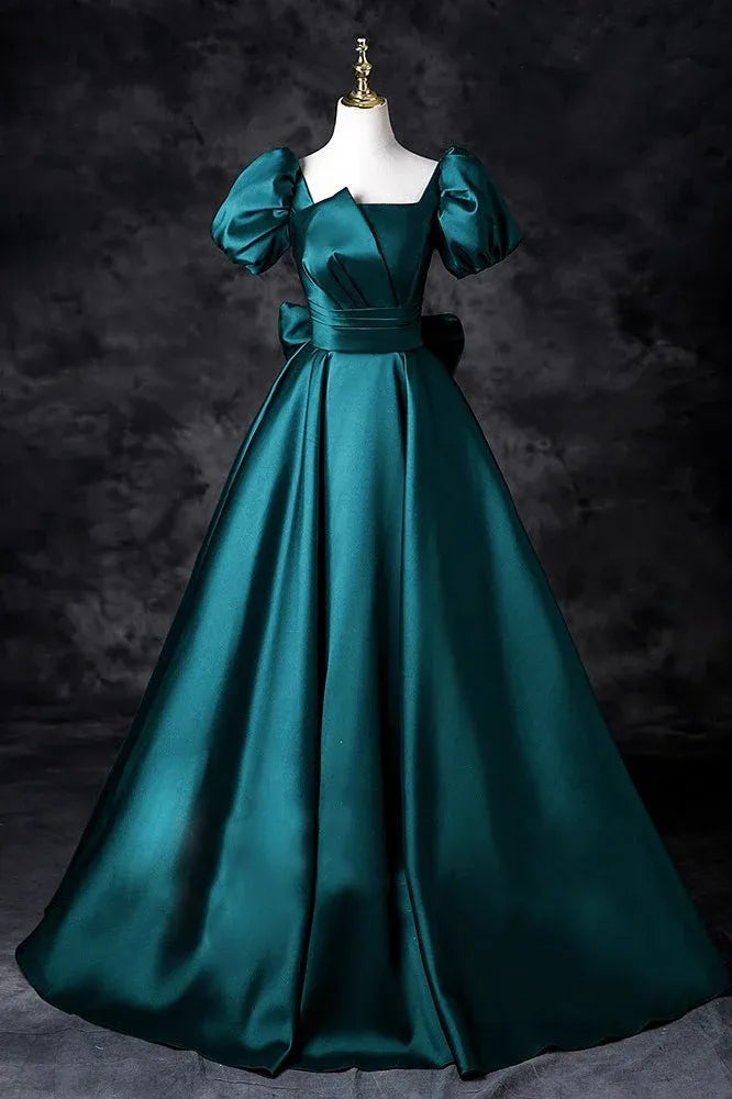 Elegant A-Line Square Neck Puff Sleeve Ruched Satin Teal Floor-Length Prom Dress