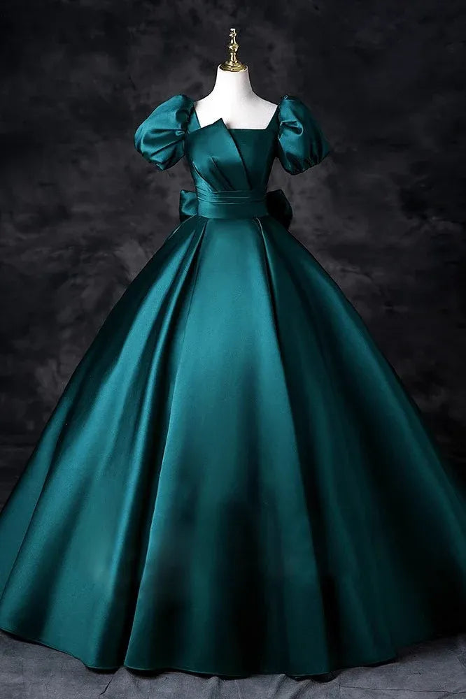 Elegant A-Line Square Neck Puff Sleeve Ruched Satin Teal Floor-Length Prom Dress