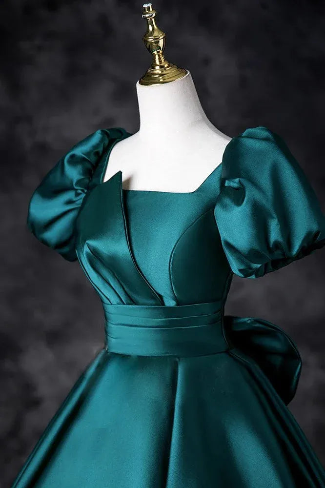 Elegant A-Line Square Neck Puff Sleeve Ruched Satin Teal Floor-Length Prom Dress