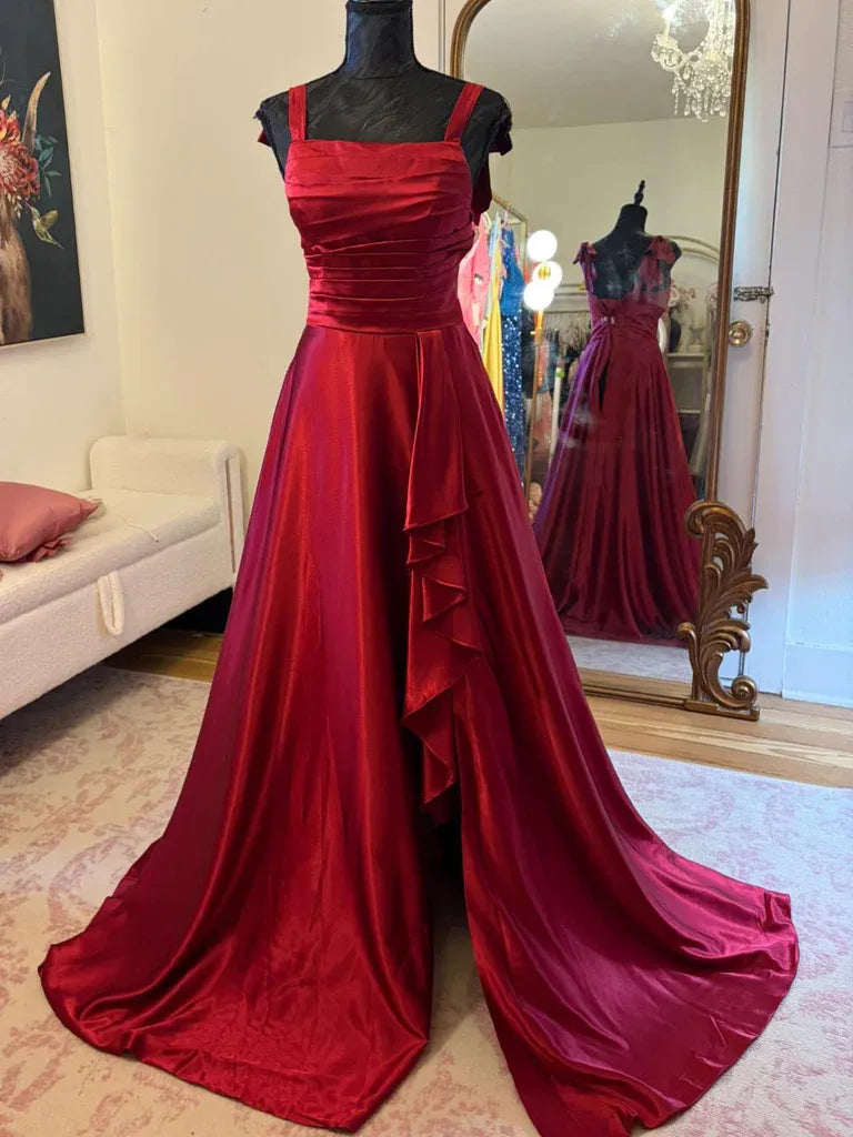 Elegant A-Line Square Neck Ruffle Satin Burgundy Train Prom Dress