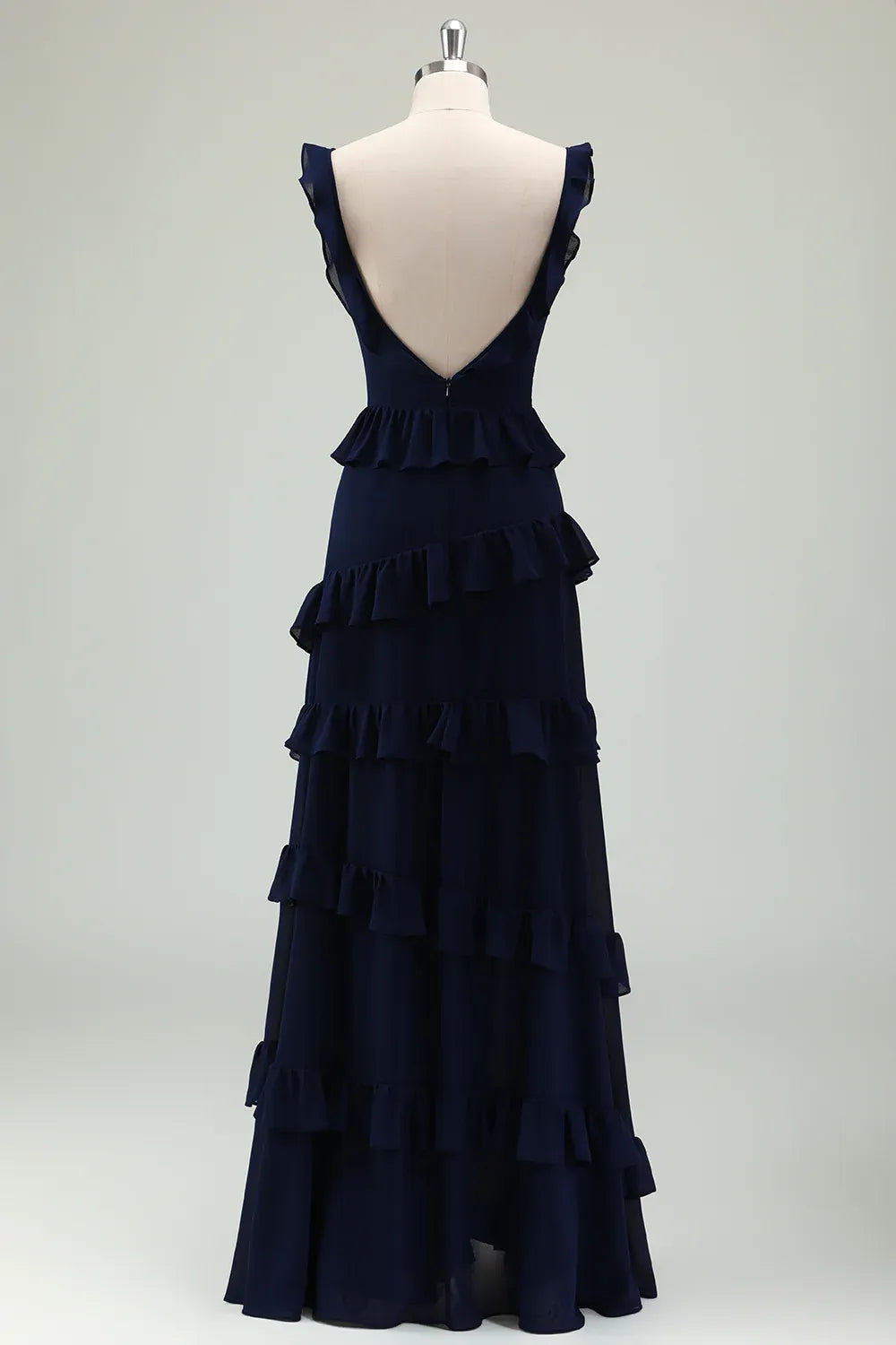 Elegant A-Line Square Neck Tiered Ruffled Dark Navy Floor Length Prom Dress