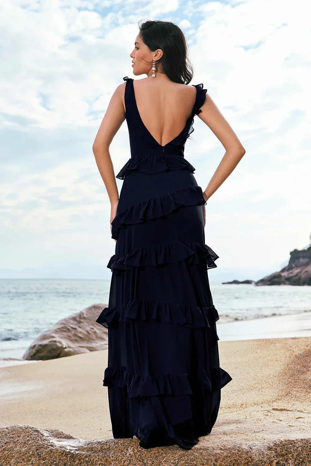 Elegant A-Line Square Neck Tiered Ruffled Dark Navy Floor Length Prom Dress
