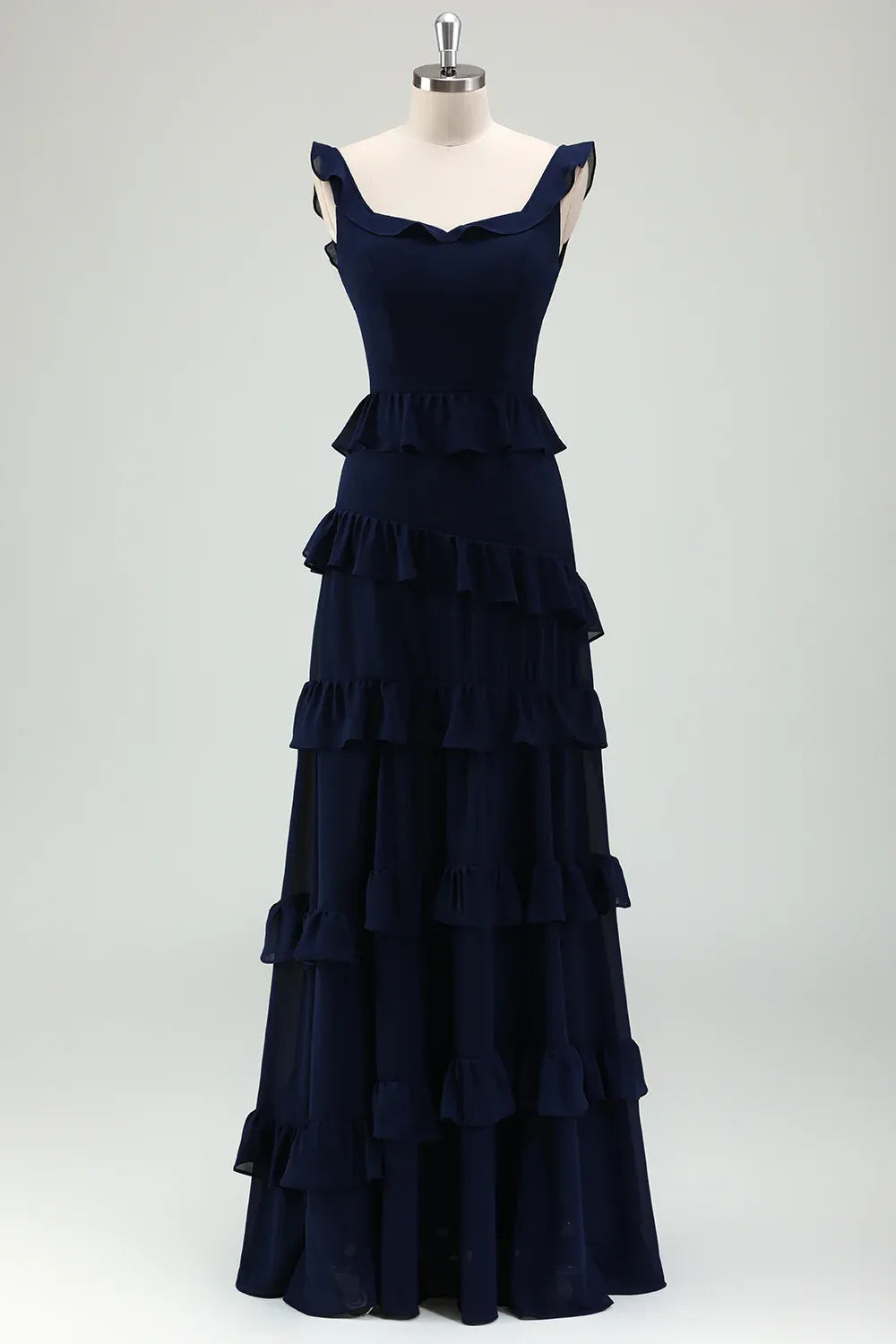 Elegant A-Line Square Neck Tiered Ruffled Dark Navy Floor Length Prom Dress