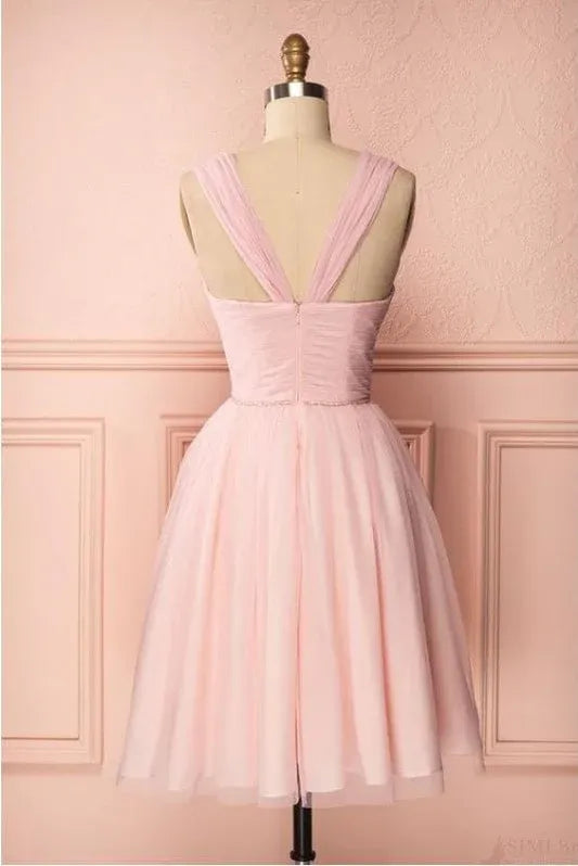 Elegant A-Line Square Neck Tulle Blush Pink Knee-Length Homecoming Dress