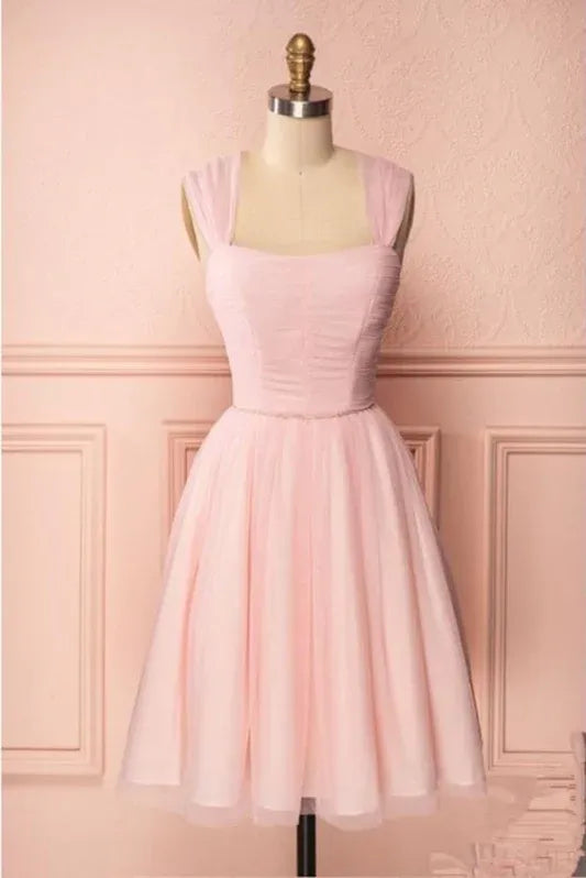 Elegant A-Line Square Neck Tulle Blush Pink Knee-Length Homecoming Dress