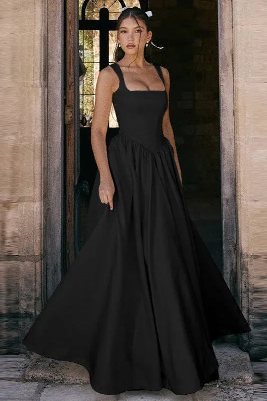 Elegant A-Line Square Neck Wide Strap Black Floor-Length Prom Dress for sale