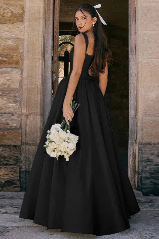 Elegant A-Line Square Neck Wide Strap Black Floor-Length Prom Dress for sale