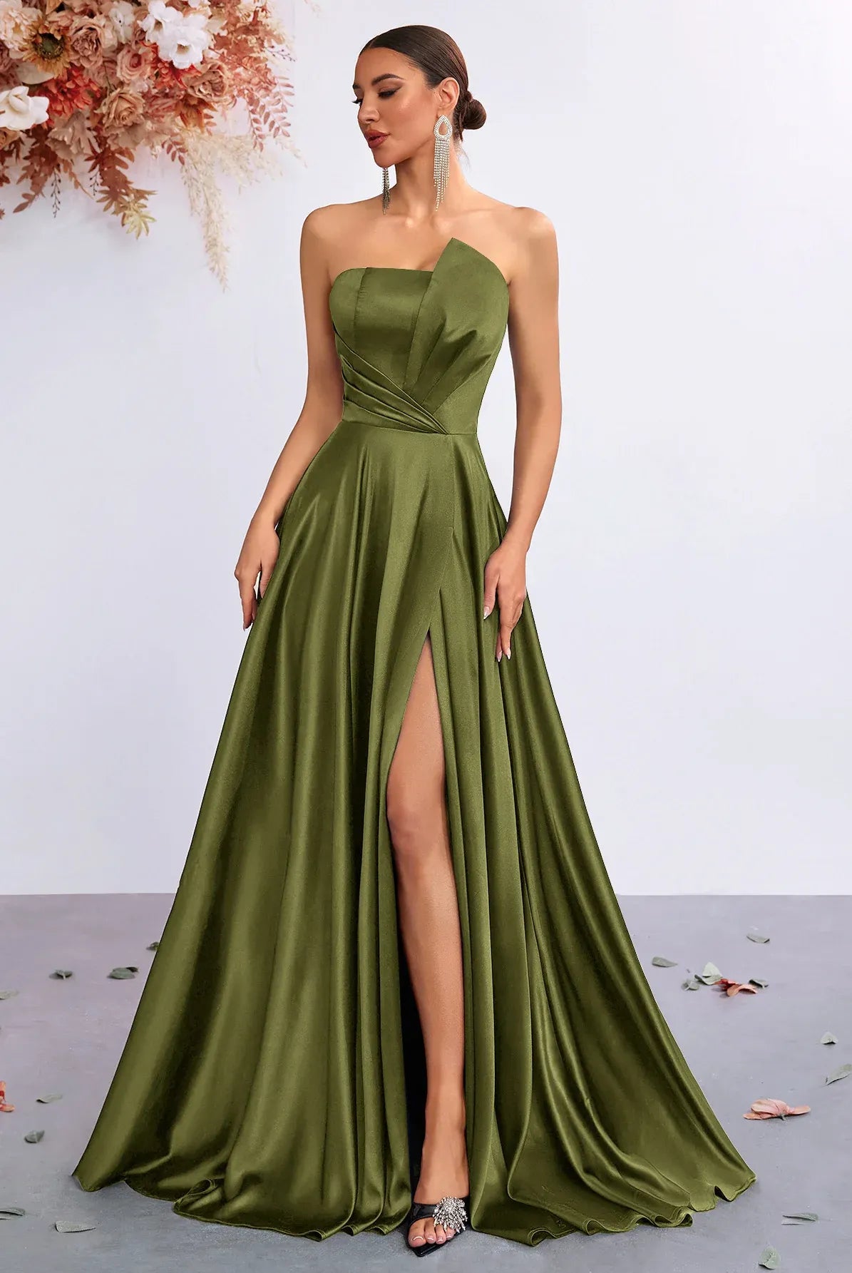 Elegant A-Line Strapless Asymmetric Neck High Slit Satin Olive Floor-Length Prom Dress