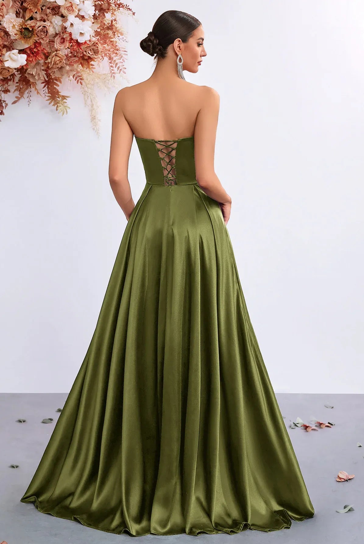 Elegant A-Line Strapless Asymmetric Neck High Slit Satin Olive Floor-Length Prom Dress