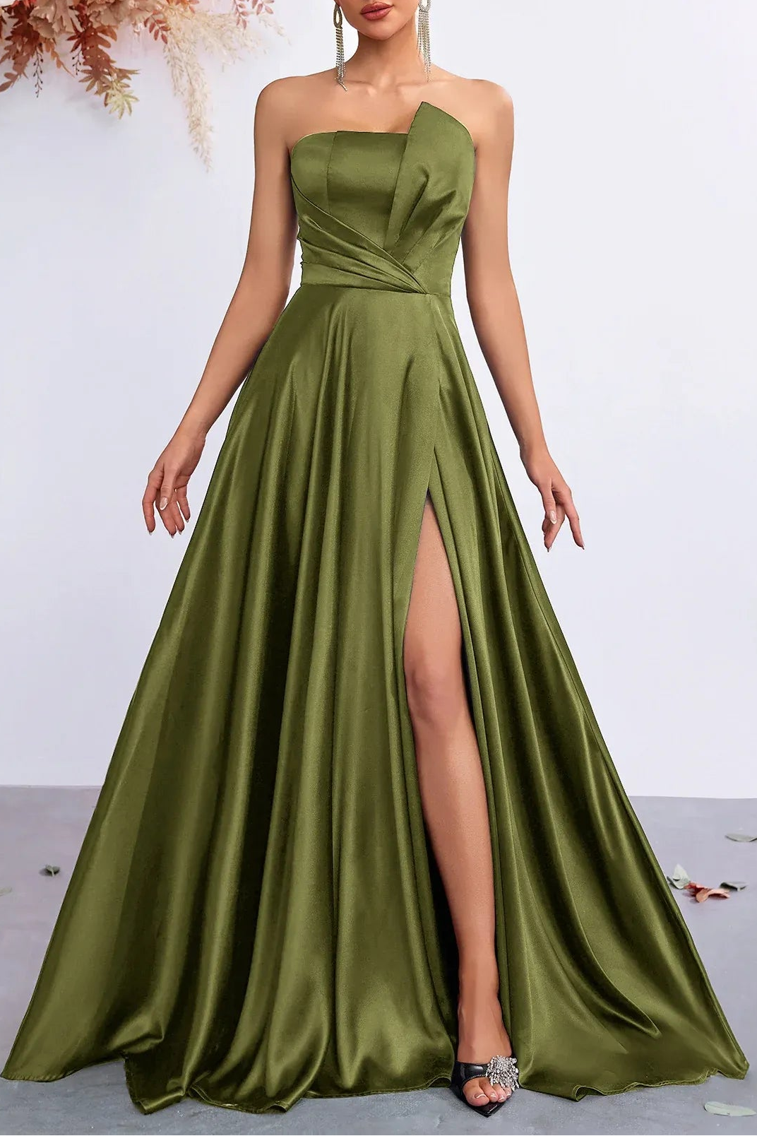 Elegant A-Line Strapless Asymmetric Neck High Slit Satin Olive Floor-Length Prom Dress