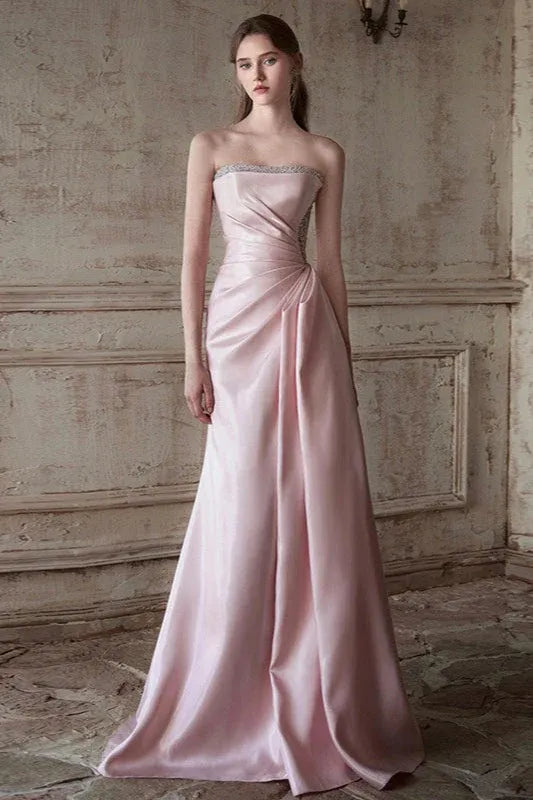 Elegant A-Line Strapless Beaded Ruched Blush Pink Floor-Length Prom Dress Custom