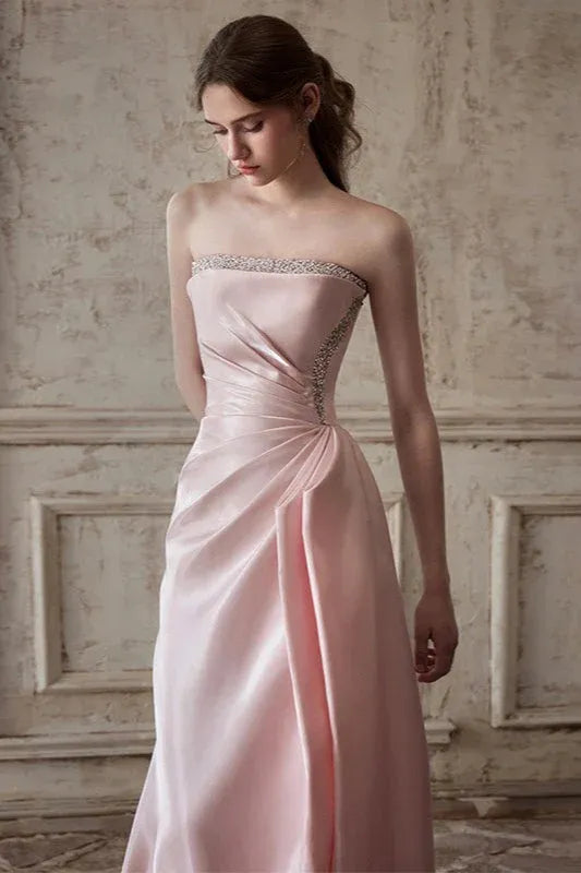 Elegant A-Line Strapless Beaded Ruched Blush Pink Floor-Length Prom Dress Custom