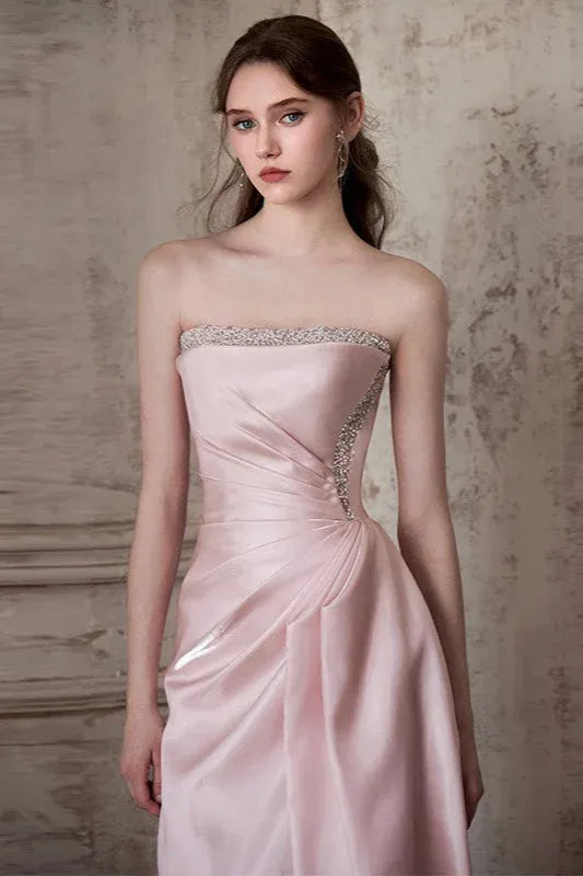 Elegant A-Line Strapless Beaded Ruched Blush Pink Floor-Length Prom Dress Custom
