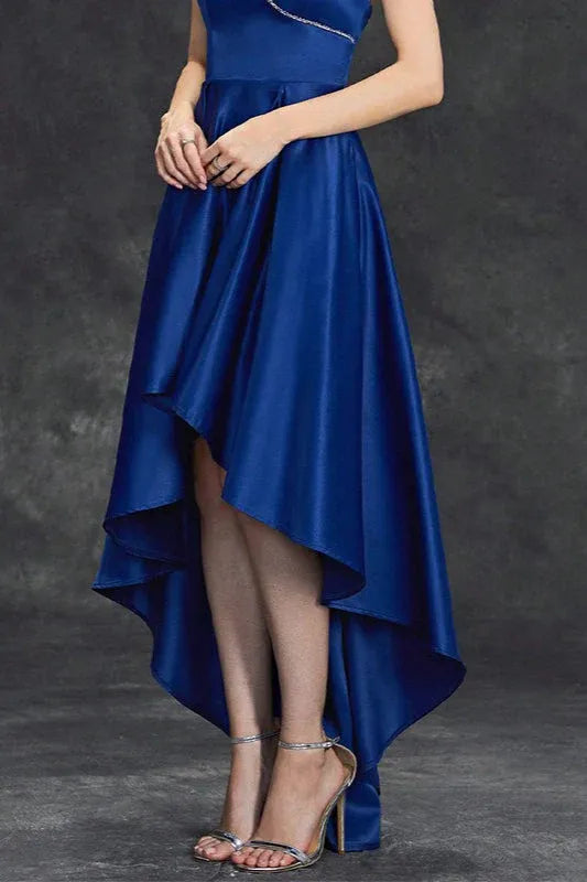 Elegant A-Line Strapless Beaded Ruffle High-Low Satin Royal Blue Prom Dress