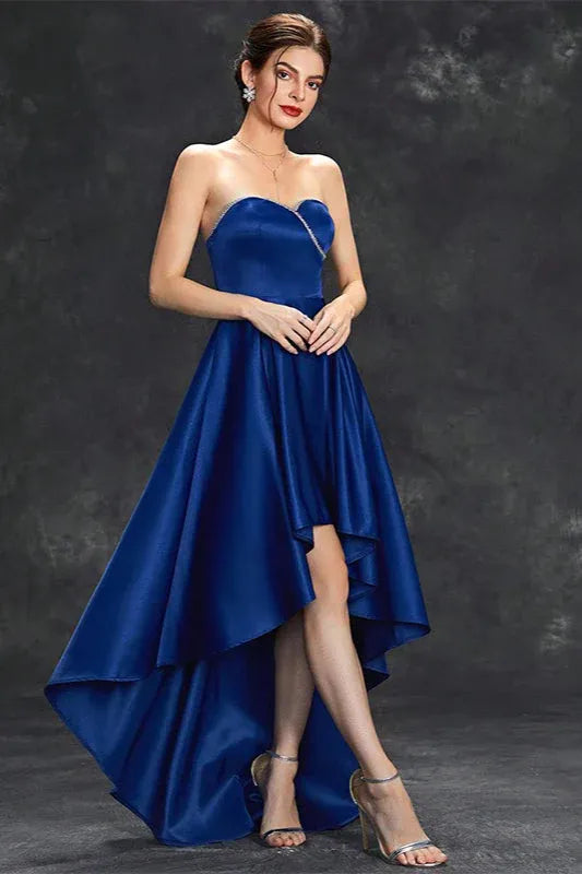 Elegant A-Line Strapless Beaded Ruffle High-Low Satin Royal Blue Prom Dress